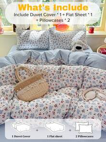 Pastoral Style Blue Flower Strawberry Duvet Cover Set, Textured Polyester, Includes 1 Duvet Cover, 1 Bed Sheet, 2 Pillowcases, Duvet Insert And Pillow Insert Not Included, Pillowcase Pattern Randomly Cropped - Baby Blue - View 5