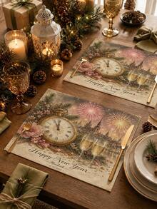 New Year Table Runner, Vintage Pocket Watch Fireworks Castle Champagne Glass Floral Print, Kitchen Dining Room New Year Holiday Tabletop Decoration Table Runner - Multicolor - View 4