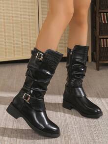 Aijiangluo Bright Color Ruched Knee-High Boots For Women, Autumn Double Buckle Western Cowboy Boots With Chunky Heel And Side Zipper, Versatile Motorcycle Boots For Holiday, Outdoor, Date And Commute - Black - View 1