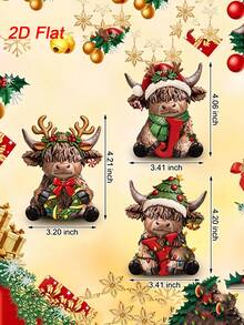 3 Pcs Christmas Highland Cow Figurines, Joy Xmas Cow Decor Wood | Scottish Calf Statues With Santa Hats, Candy Canes, Festive Home Kitchen Office Tiered Tray Table Decorations - View 4