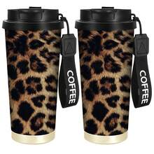 1 pieza/5 piezas Taza de café de viaje con estampado de leopardo de 500ml, vaso térmico de acero inoxidable de 500ml con cordón COFFEE, taza térmica portátil reutilizable a prueba de fugas, taza de bebida de moda para uso diario, actividades al aire libre y regalo de vacaciones - Multicolor-Estampado de leopardo - Ver 9