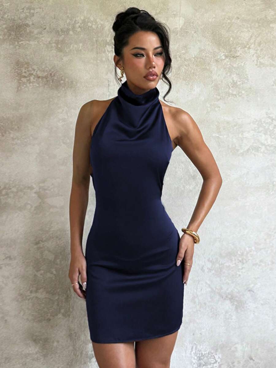 Women's Summer Blue Satin Backless Halter Neck High Collar Sexy Fashion Party Dress, Suitable For Date, Party, Vacation