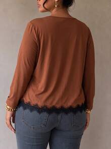 Plus Size Women's Brown Long-Sleeve Top With Black Lace Trim, A Cropped Square-Neck Shirt For Fall, Made Of High-Stretch Fabric For Comfort - Camel - View 5