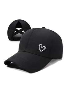 1Pc Love Embroidery Mesh Ponytail Baseball Cap,Distressed Criss-Cross Ponytail Adjustable Outdoor Sun Protection Casual Hat, Classic Ponytail Cap - Multicolor - View 9