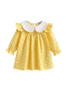 Gaun Jacquard Bunga 3D Kuning Gaya Putri untuk Bayi Perempuan, Gaun Lengan Panjang Kerah Berkerut Warna Kontras Manis Gaya Prancis, Musim Gugur/Semi - Kuning - View 4