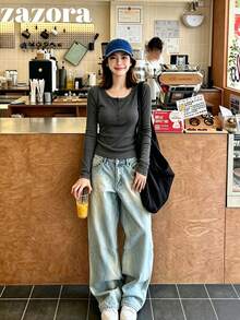 女款極簡純色大圓領長袖T恤，修身內搭彈性打底短版上衣，初秋款 - 深灰色 - 查看 1