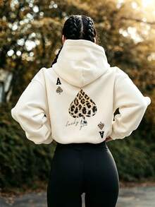 Women's Drawstring Pocket Hooded Sweatshirt, Leopard Print Bird & Letter Graphic On Chest, Soft Fabric, Loose Fit Casual Sweatshirt For Autumn/Winter - Apricot - View 8