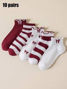 5/10 Pairs Women's Valentine's Day Fashionable Personalized Comfortable Breathable Soft Angora Red Wood Ear Bow Striped Pattern Short Socks Suitable For Daily Casual Wear - Multicolor - View 9