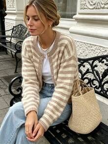 Women's Round Neck Contrast Color Striped Button Soft Casual Fashion Versatile Knit Long Sleeve Cardigan Sweater, Daily Vintage Street Style - Multicolor - View 4