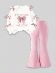 Young Girls Simple Fashionable Pink Bow Letter Print White Top And Pink Pants Sports Set Autumn/Winter - Pink - View 2