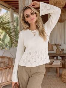 NiceArt Women's Crew Neck Knit Sweater Flare Long Sleeve Pullover Elegant Lightweight Knit Top For Spring Fall Daily Casual - Apricot - View 9