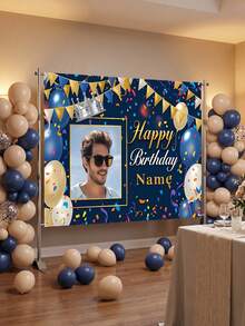 1pc - Customized Birthday Celebration Backdrop, Customized Blue & Gold Theme Printed Poster - Personalized Gold & Colorful Confetti And Star Decorations, Suitable For Celebration Party, Birthday Gathering, Home Decor Background, Customizable For Anniversary, Personalized Birthday Party, Customized Photo And Name Poster - Multicolor - View 4