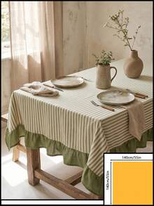 1pc Beige With Green Fine Stripes And Olive Green Ruffle Edge Tablecloth, Fresh Natural Style Fabric, Rectangular Olive Green Ruffle Edge Patchwork Detail Decorative Functional Dining Tablecloth Suitable For Daily Home Dining And Fresh Home Decor Scenes - Green - View 11