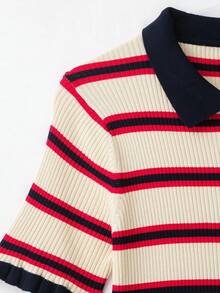 Se-Helo Women's Autumn/Winter Red, White, Navy Blue Horizontal Striped Peter Pan Collar Ruffle Short Sleeve Cropped Knit Cardigan - Multicolor - View 4
