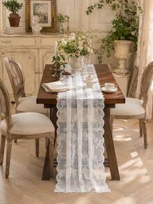 1pc Floral Lace Table Runner Vintage Wavy Edge Hollow Out Table Cloth Wedding Dining Table Decor Coffee Table Cover - White - View 5