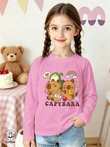Girls Cotton Twill Long-Sleeved T-Shirt, Autumn/Winter Style, Featuring A Cute Capybara Design, In A Sweet And Charming Preppy Style - Light Wine Red - View 3