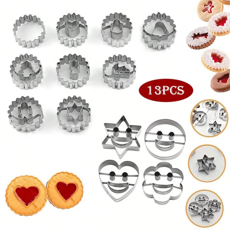 13pcs/Set 3D Christmas Cookie Cutter Cookie Mold Santa Claus Snowman Tree Reindeer Cookie Mold Cute Smiling Face Expression Pack Christmas New Year Party Decoration Baking Tools