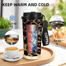 1 pieza/5 piezas Taza de café de viaje con estampado de leopardo de 500ml, vaso térmico de acero inoxidable de 500ml con cordón COFFEE, taza térmica portátil reutilizable a prueba de fugas, taza de bebida de moda para uso diario, actividades al aire libre y regalo de vacaciones - Multicolor-Estampado de leopardo - Ver 8