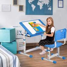 OffiClever Mesa de Estudiante Ajustable con computadora Inclinado, cajón de Almacenamiento Espacioso para estudiar Lectura y Dibujo, Color Azul - Azul - Ver 5