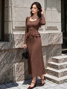 Women's Autumn Polka Dot Midi Dress, Square Neck Long Sleeve Ruffle Waist Mermaid Hem Dress - Brown - View 9