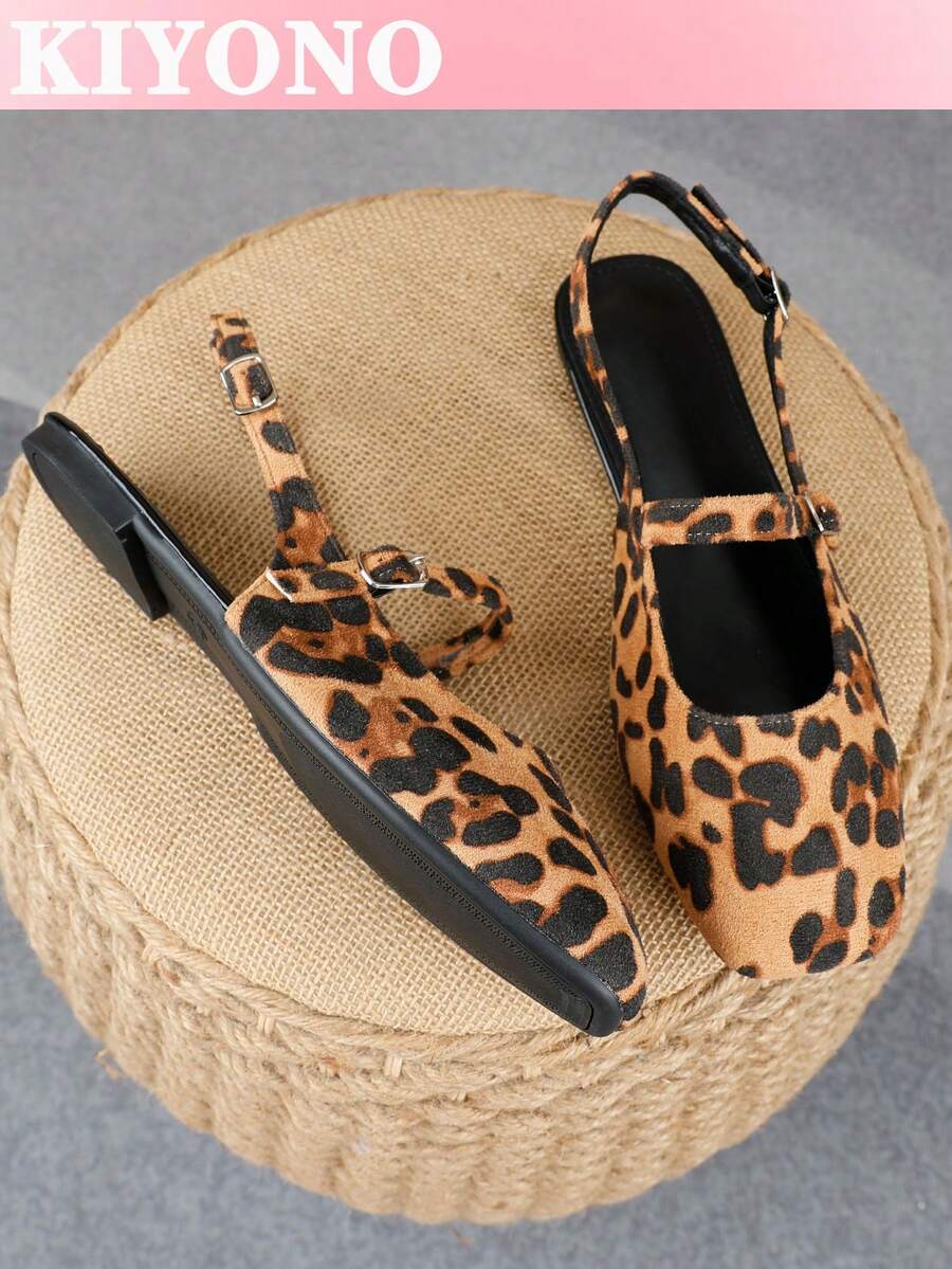 XBYASDF Sepatu Flat Wanita Ujung Persegi, Sepatu Pumps Slingback Bertali Belakang Motif Leopard Cokelat, Sepatu Kasual Retro yang Nyaman - Coklat - View 1