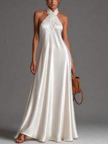 White Sexy Satin Spaghetti Strap Maxi Party Dress With Embroidered Patchwork And Open Back. Fall - White - View 1