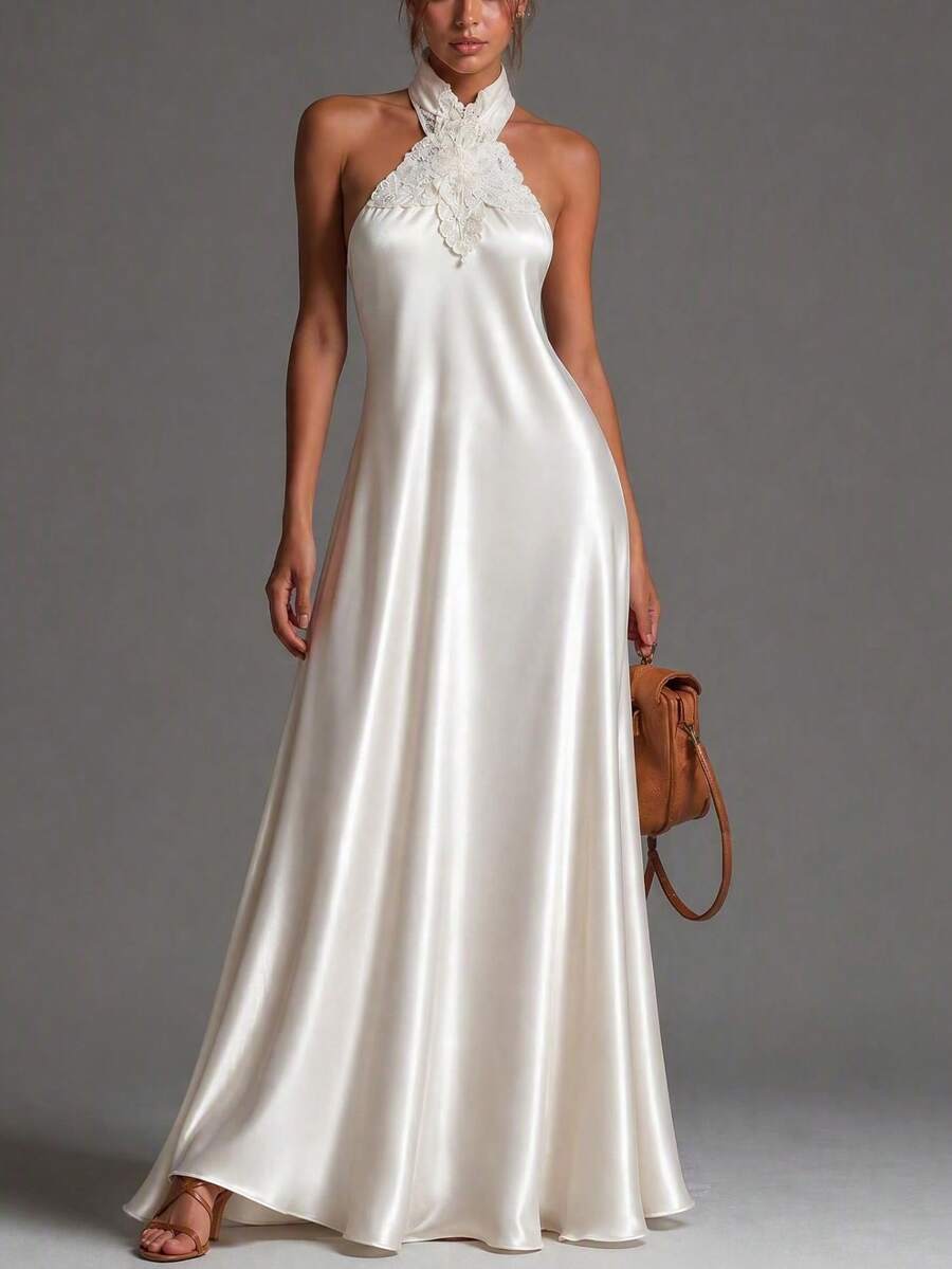 White Sexy Satin Spaghetti Strap Maxi Party Dress With Embroidered Patchwork And Open Back. Fall - White - View 1