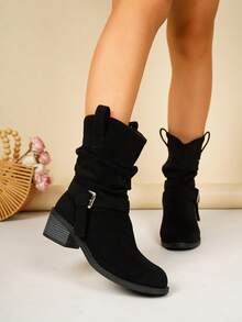 Women's Faux Suede Mid-Calf Ankle Boots With Buckle Chunky Heel Western Style Ruched Stacked Boots Commuter Boots - Black - View 5
