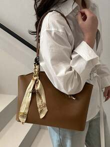 Women Large Capacity Tote Bag, Elegant Shoulder Handbag With Decorative Silk Scarf, Office Work Commute Shopping Top‑Handle Purse - Brown - View 7