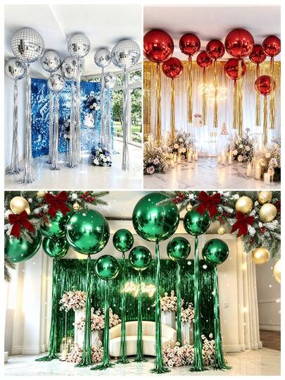 4D Mirror Metal Round Foil Balloon Set, Includes 2 Tassel Curtains, Shiny Disco Ball Balloon, Inflatable Hanging Decoration Suitable For Christmas, Birthday, Wedding, Disco Party, New Year Party And Other Occasions, As Background Photo Prop Decoration