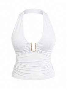 Women's Summer Vacation Solid Color Halter Neck Ruched Fitted Camisole Casual White - White - View 4