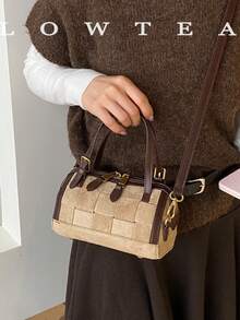 low tea 1pc Contrast Color Fashion Small Bucket PU Fabric Handbag With Adjustable Shoulder Strap, Suitable For Commuting, Shopping, Etc. - Light Khaki - View 10