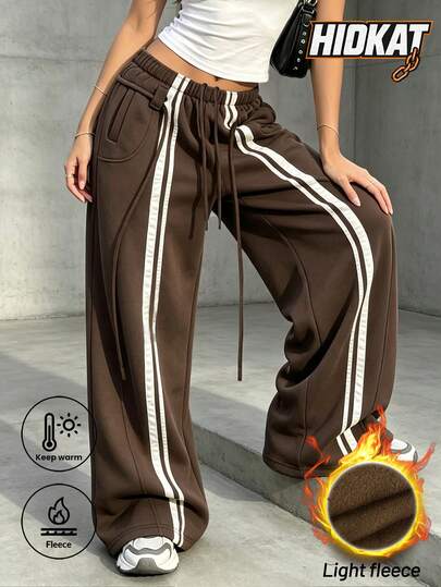 Hidkat Women's Casual Sweatpants, Loose Fit, Striped Patchwork, Thermal Lined, Drawstring Waist, Suitable For Streetwear And Casual Wear, Autumn/Winter