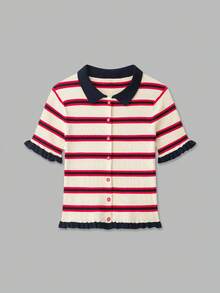 Se-Helo Women's Autumn/Winter Red, White, Navy Blue Horizontal Striped Peter Pan Collar Ruffle Short Sleeve Cropped Knit Cardigan - Multicolor - View 1