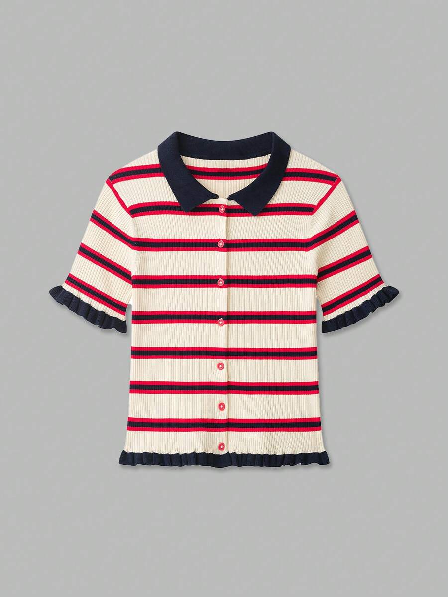 Se-Helo Women's Autumn/Winter Red, White, Navy Blue Horizontal Striped Peter Pan Collar Ruffle Short Sleeve Cropped Knit Cardigan - Multicolor - View 1