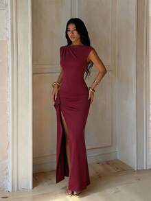 1pc Solid Color Elegant Knit Fabric Slit Dress Autumn - Burgundy - View 2