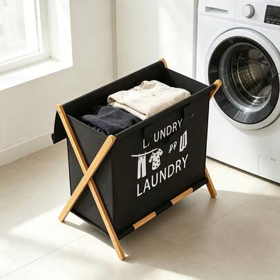 Opvouwbare X-Frame wasmand 60x35x50cm, houten standaard kledingmand met handvatten, draagbare wasbak organizer voor badkamer, slaapkamer en studentenkamer