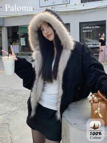 Distressed Vintage Washed Short Padded Coat With Detachable Fur Collar, Unisex Deconstructed Streetwear Style Casual Black Winter - Black - View 1