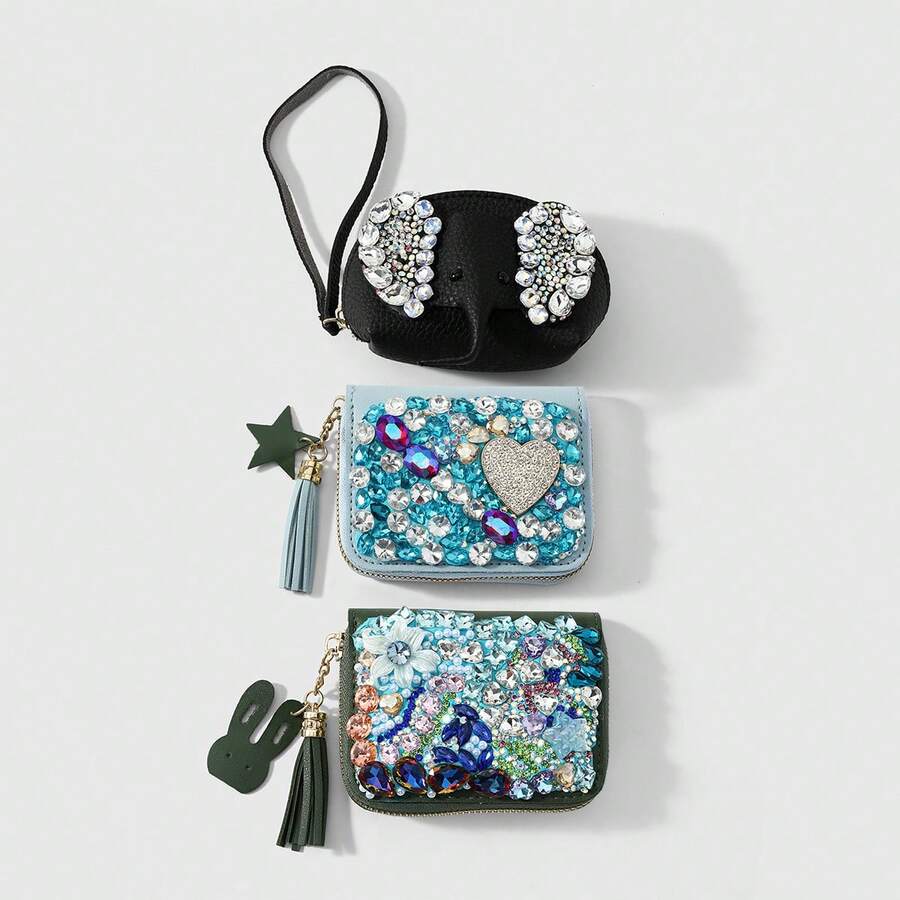 1pc Exquisite Fresh Personalized Multi-Color Asymmetrical Rhinestone Water Drop Heart Flower Star Rabbit Leather DIY Card Holder Wallet, Suitable For Girls And Best Friends Daily Wear, Holiday Gift - Multicolor - View 1