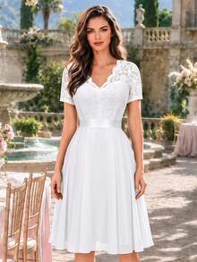 MIUSOL Elegant V-Neck Floral Lace Pleated Hem Chiffon Ball Gown Summer - White - View 6