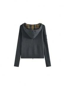 Vintage Plaid Hooded Grey Knit Cardigan Sweater Jacket, Slim Fit, High-End Korean Style Spring Top For Women - Picture Color - View 5
