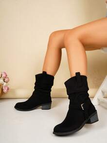 Women's Faux Suede Mid-Calf Ankle Boots With Buckle Chunky Heel Western Style Ruched Stacked Boots Commuter Boots - Black - View 8