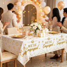 Disposable Plastic Table Cover 1/3‑Pack, White Tablecloth With Gold We're Engaged Slogan, Rings, Fireworks And Glitter Confetti Pattern, Table Decor For Engagement Party, Bridal Shower, Wedding Reception And Holiday Celebration Decorations, 108*54' - Proposal Tablecloth - View 2