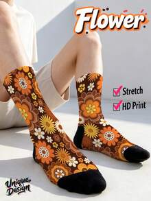 Cool 360° Printed Men's Socks - Streetwear Socks,Sunflower Daisy,Retro Floral,Rustic Style,Colorful,Funny Socks, Fit Daily, Holiday & Party Occasions - Brown - View 1