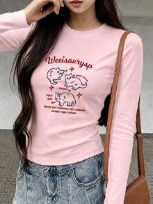 Pink Short Crew Neck Regular Shoulder Long Sleeve T-Shirt For Women, Minimalist Cat & Letter Print, Early Autumn Base Layer Slim Fit Versatile Top - Pink - View 2