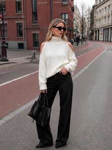 FOR BEAUTY Fall Winter Y2K Elegant Casual White Cold Shoulder Knit Sweater Tops Women Going Out Party Vacation Concert Outfits - White - View 4