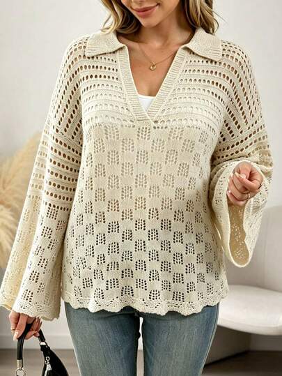 Plus Size Solid Color Casual Hollow Out Lapel Knit Long Sleeve Top