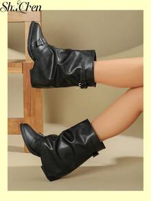 Booties For Women, Slouch Fold Over Mid Calf Slip On Boots With Decorative Buckles, Chunky Heel Fashion Versatile Fall Shoes For Daily Street Outfits - Black - View 2