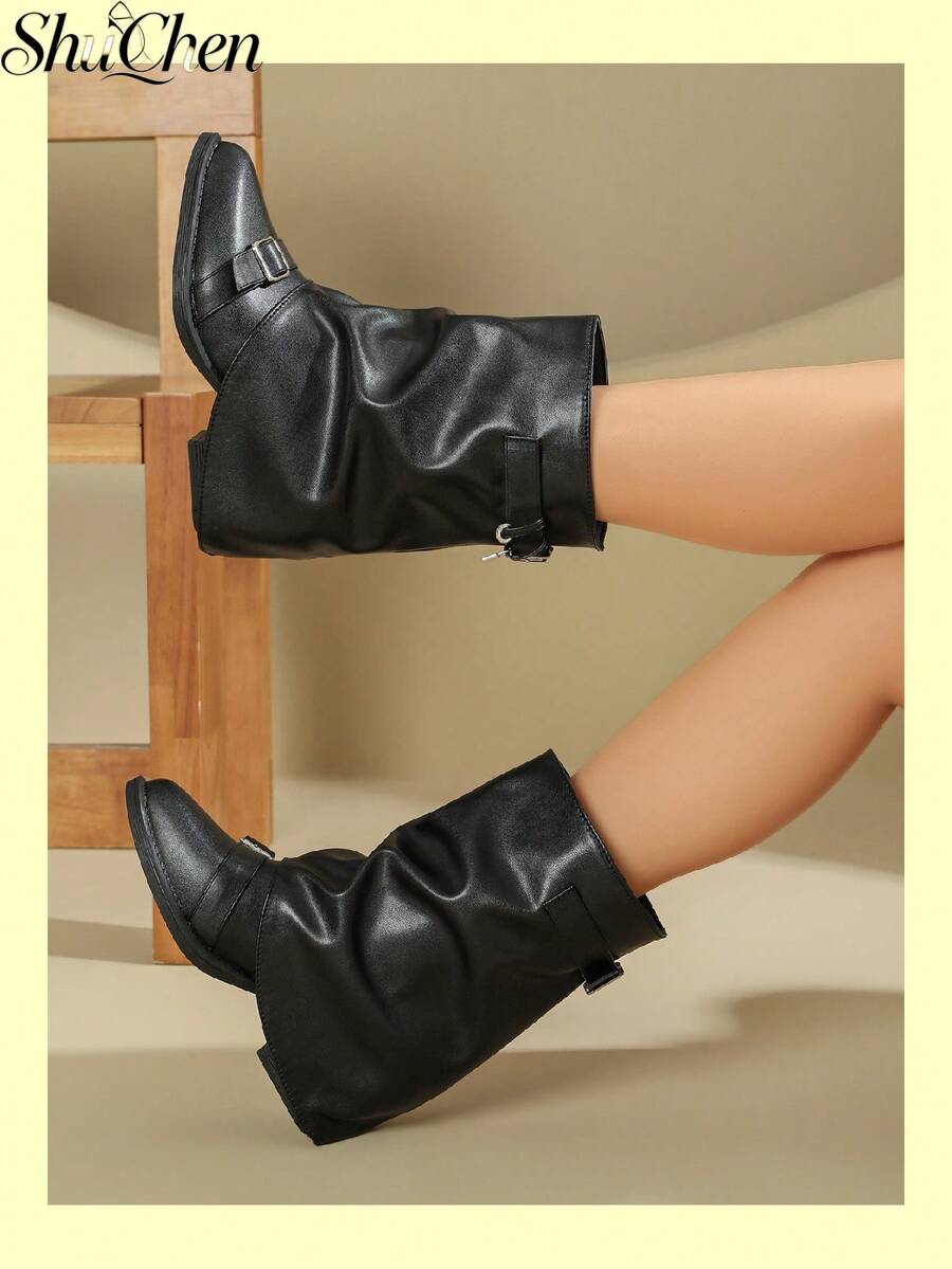 Booties For Women, Slouch Fold Over Mid Calf Slip On Boots With Decorative Buckles, Chunky Heel Fashion Versatile Fall Shoes For Daily Street Outfits - Black - View 1
