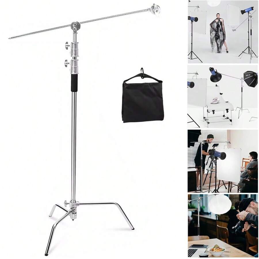 Heavy Duty Stainless Steel 10ft C-Shape Light Stand, Adjustable Height & Sturdy Base, Compatible With Softbox, Reflector, Photography/ Studio Lighting Equipment, Includes Adjustable Arm And Clamp - Silver - View 1